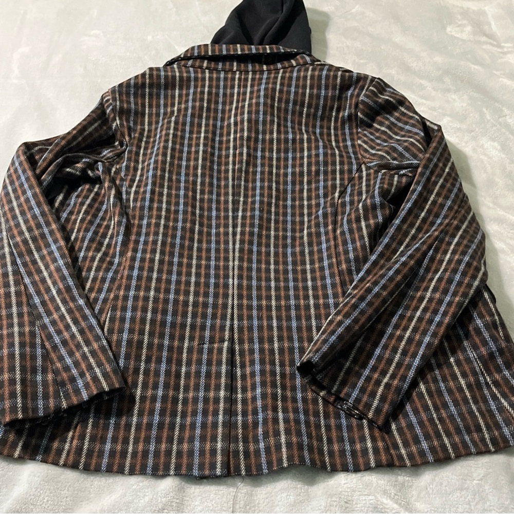 LIVERPOOL Women M Blazer Jacket Removable Hoodie Brown Tan Blue Plaid New Defect - Picture 10 of 16